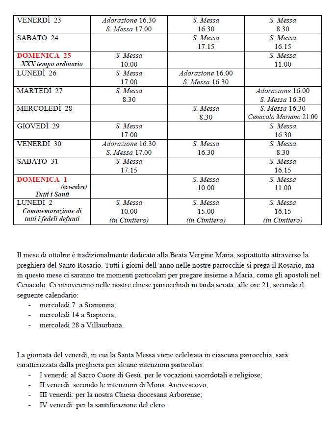 Sante Messe e ricorrenze religiose del mese di Ottobre 2020
