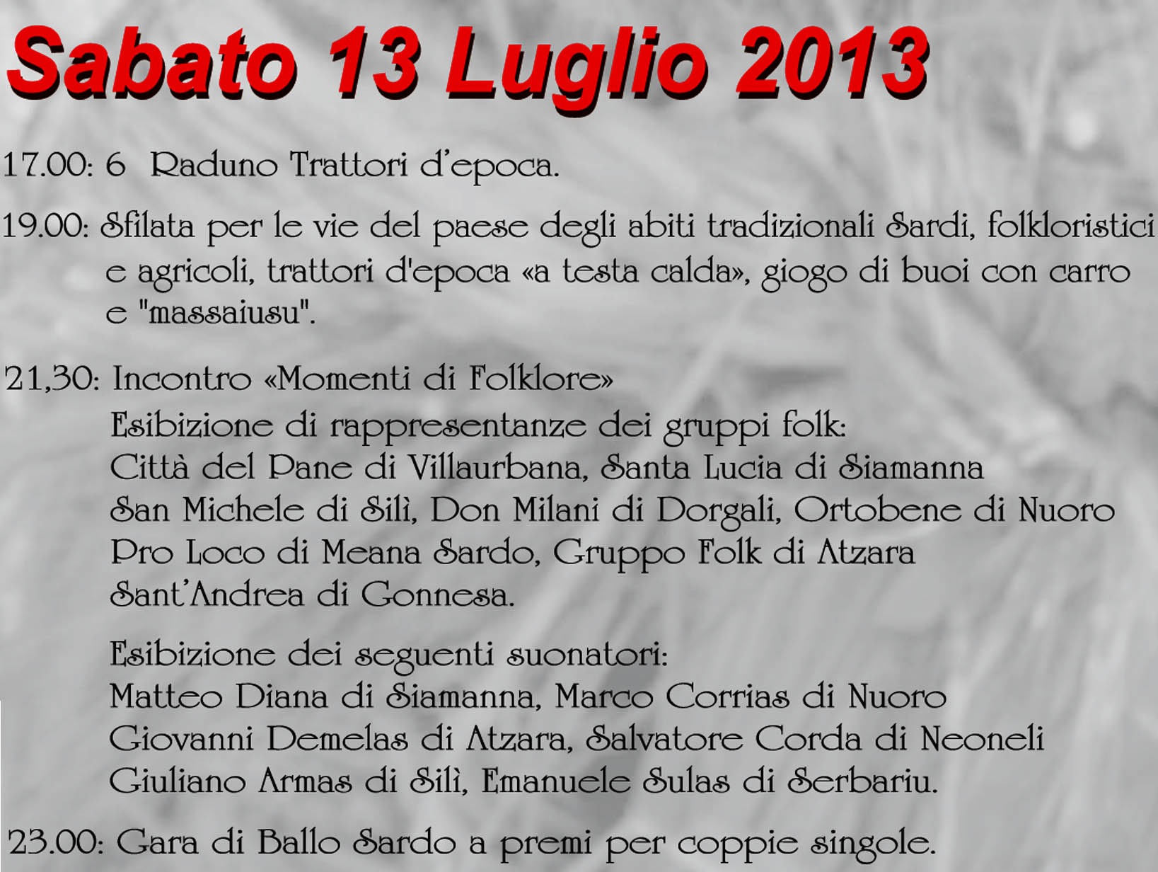 Festa de"S'Incungia": Programma di Sabato 13 Luglio 2013